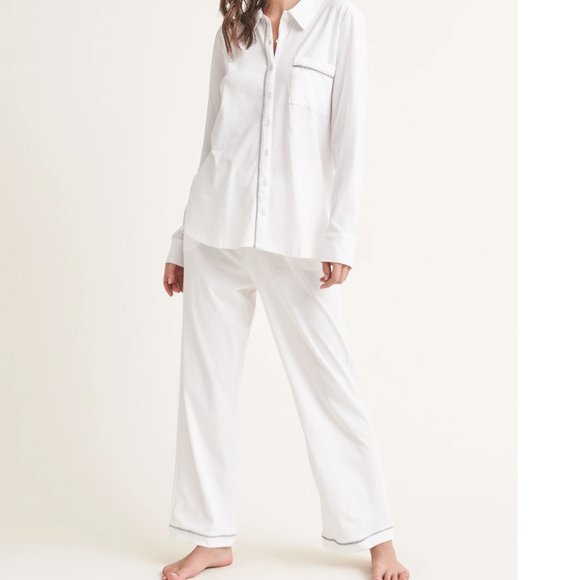 Cecelia Long PJ Set in "Oatmeal lining with White" - Picture 1 of 4